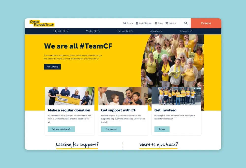 Cystic Fibrosis Trust homepage showing a bright yellow hero banner with the message ‘We are all #TeamCF’, a large group photo of supporters in yellow shirts, and three feature cards linking to donation, support, and involvement options.
