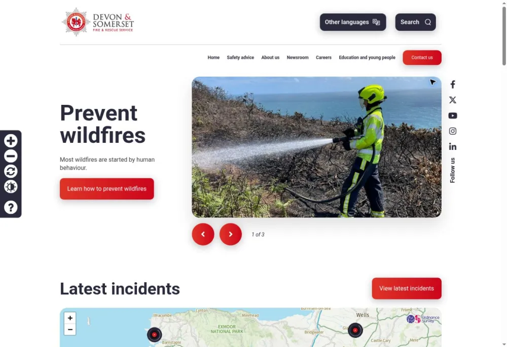 Devon and Somerset Fire and Rescue Service homepage showing wildfire prevention advice and the latest incidents map