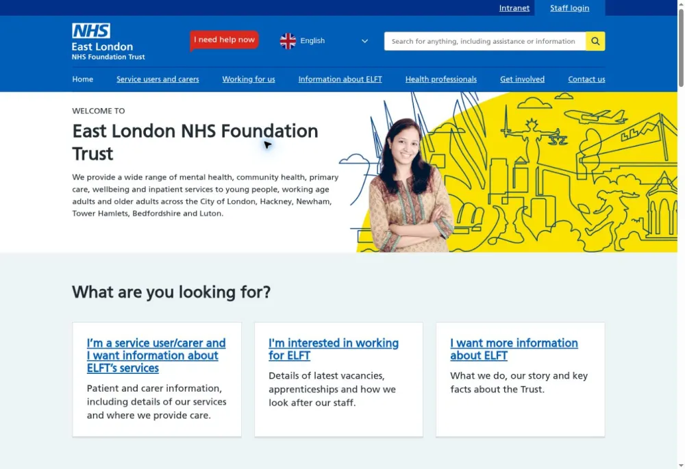 East London NHS Foundation Trust homepage with service search, urgent help and navigation for service users, carers and health professionals