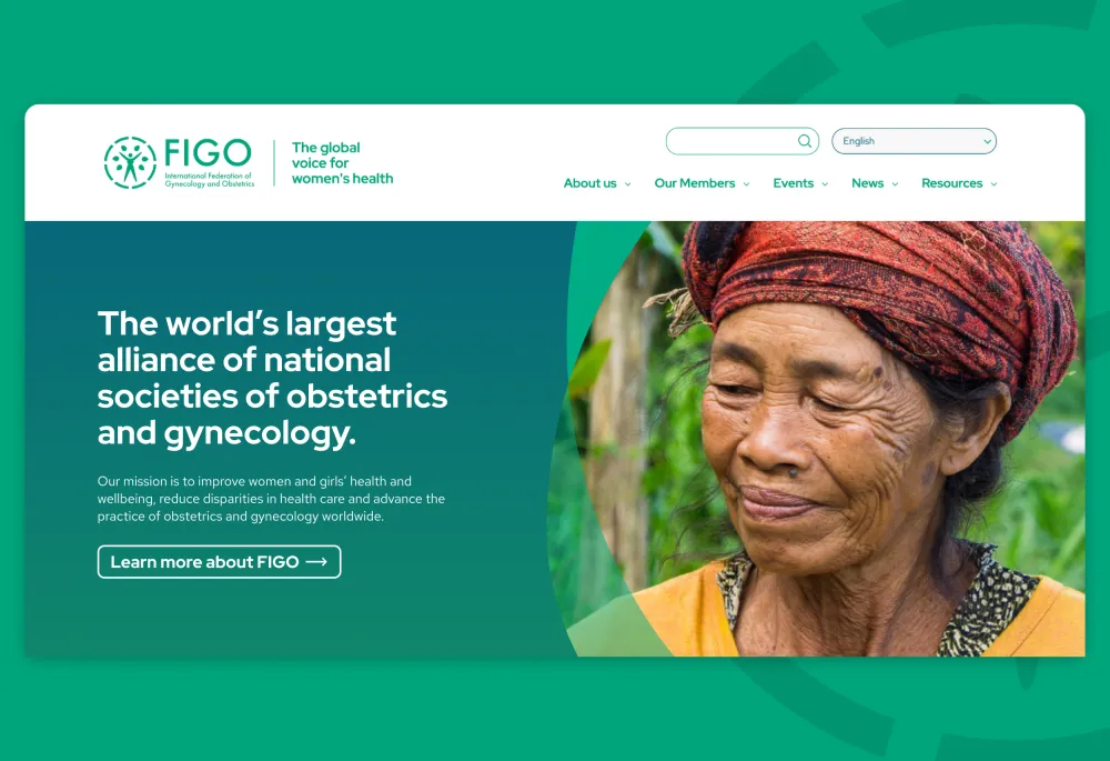 FIGO homepage showing a green hero banner with the message about being the world’s largest alliance of obstetrics and gynecology societies, alongside a portrait of an older woman outdoors.