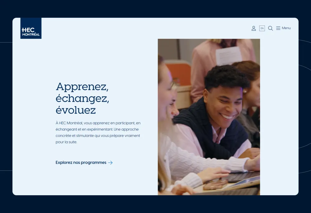 Screenshot of the HEC Montréal website showing a homepage banner with the text “Learn, exchange, evolve” beside a photo of smiling students working together in class.