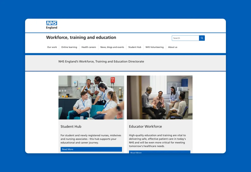 NHS England Workforce, Training and Education webpage showing navigation, search bar, and content cards linking to sections such as Student Hub and Educator Workforce.