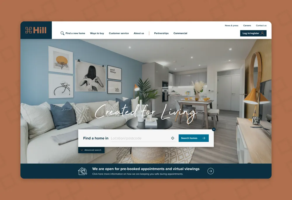 Hill website homepage featuring a modern living room and kitchen interior, with the headline ‘Created for Living’ and a property search bar for finding homes by location or postcode.