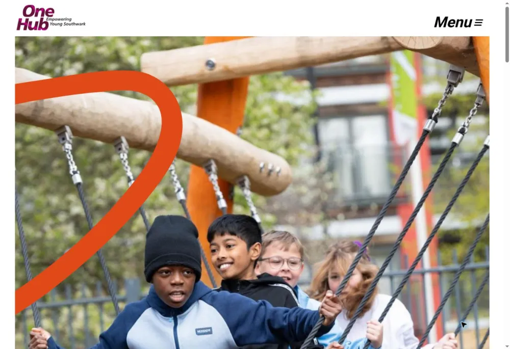 One Hub Southwark homepage featuring the One Hub logo and young people playing at Ellen Brown Adventure Playground