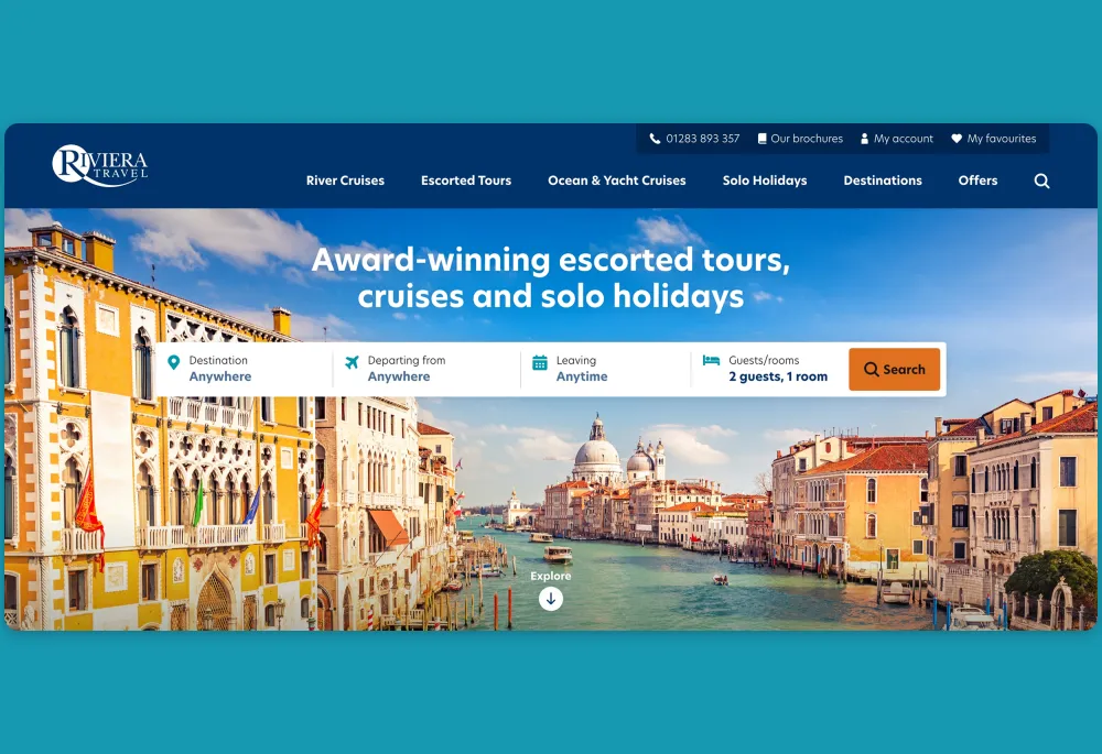 Riviera Travel homepage featuring Venice canal hero image and search bar for escorted tours, cruises and solo holidays.