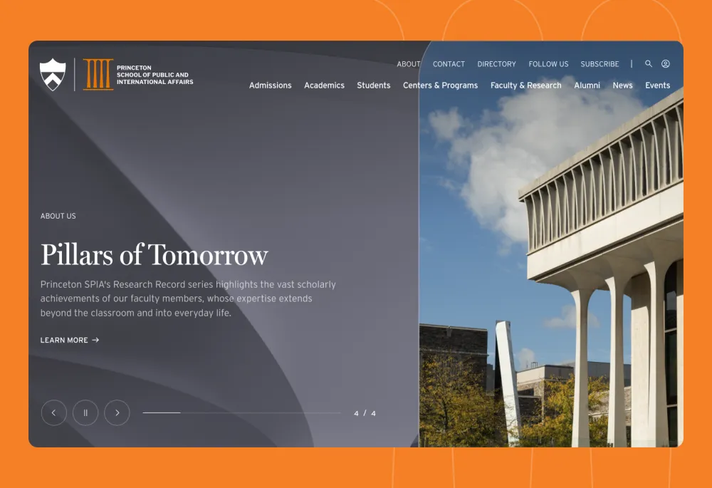 Screenshot of the Princeton SPIA website homepage, showing a hero carousel slide titled "Pillars of Tomorrow" with a dark split-panel layout and a photo of Robertson Hall.