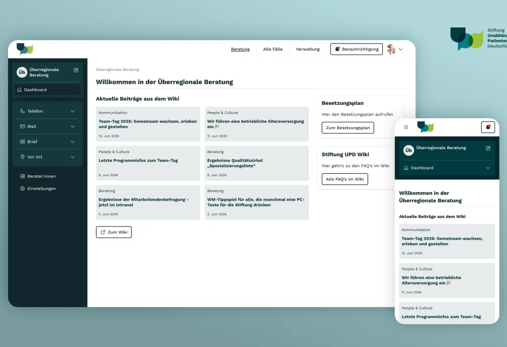 Different screens showing the web application of the advisory cockpit of UPD foundation.