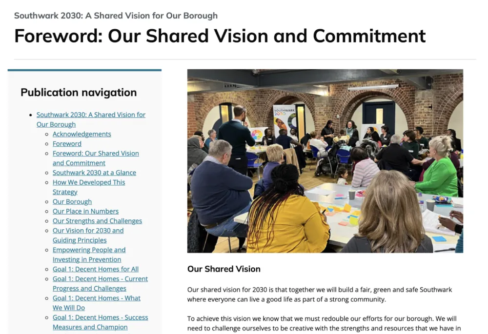 A web page screenshot with an image of people in a workshop, the title says "Southwark 2030: A Shared Vision for Our Borough Foreword: Our Shared Vision and Commitment" and the sidebar lists all of the pages in the original PDF, the content below the image talks about Southwark councils vision.