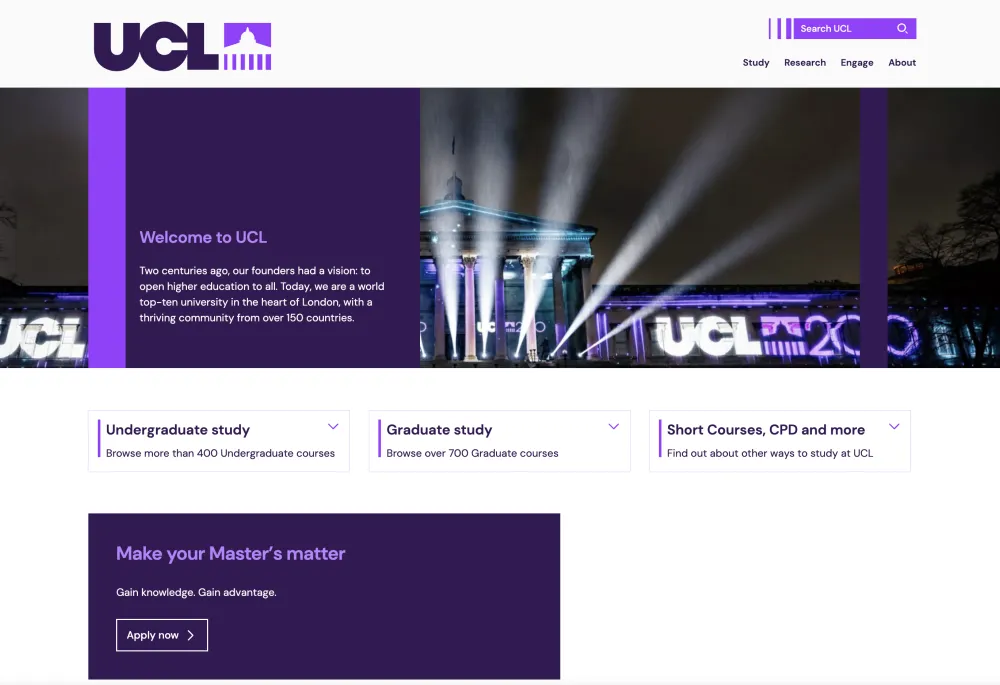 The UCL homepage on desktop, showing a welcome message, bright purple branding and options to see courses or apply