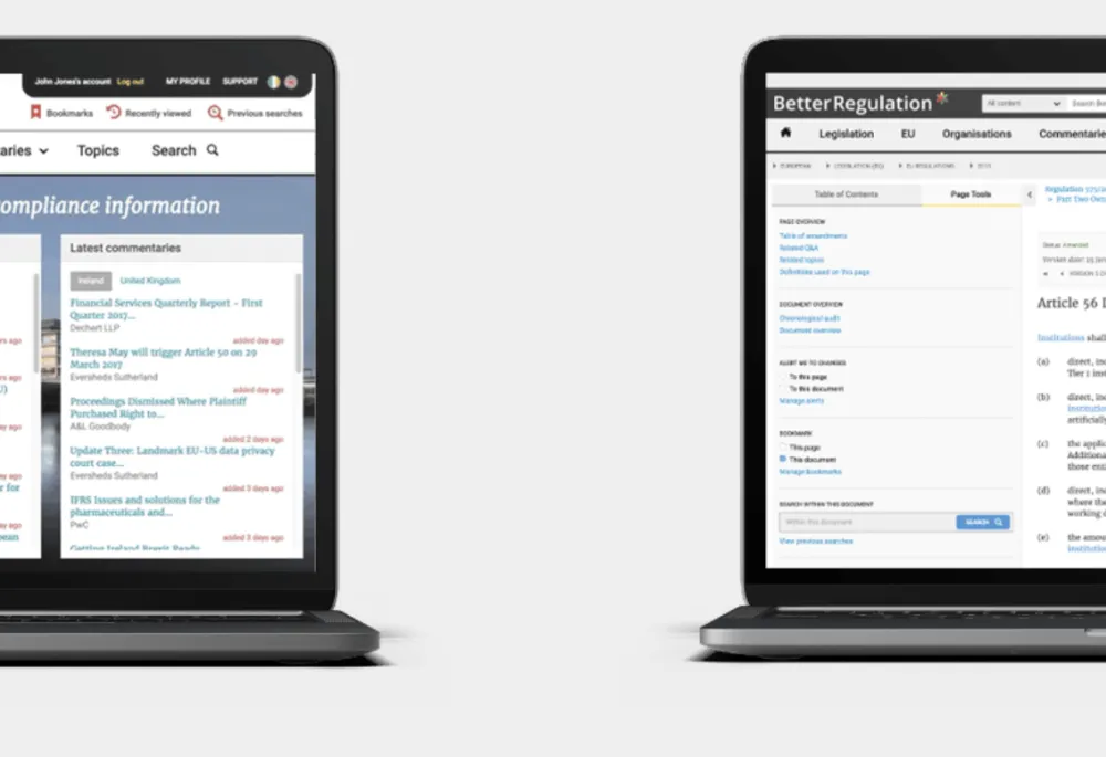 Two laptops displaying the BetterRegulation.com Drupal platform: the left screen shows the homepage with browse categories, latest publications, and commentaries; the right screen shows a legal document detail view with table of contents and cross-references.