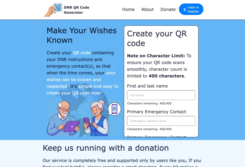 Screenshot of qr-dnr.com home page