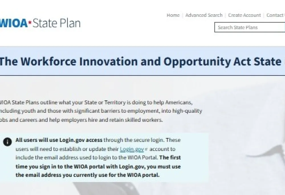 Alt Text: WIOA State Plan Portal homepage (wioaplans.dol.gov) showing an official U.S. Department of Labor interface for accessing Workforce Innovation and Opportunity Act state workforce development plans. The page includes navigation tools to select and view state or territory plans, search across multiple plans, and access approved workforce strategy documents and related planning resources. 