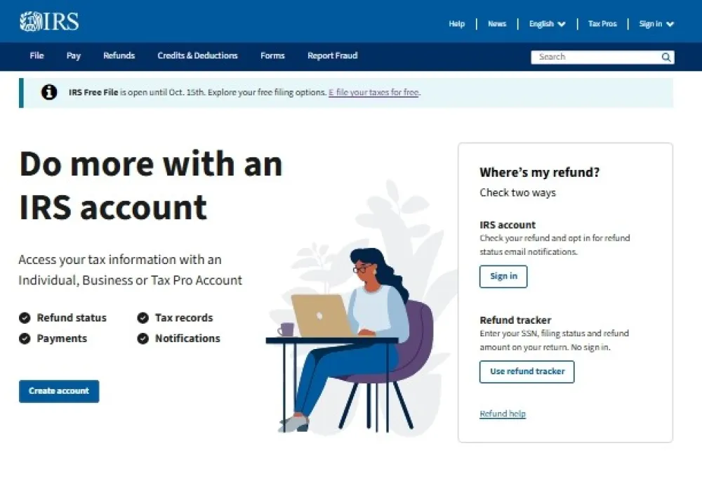 Homepage of the Internal Revenue Service (IRS) website, an official U.S. government site, featuring options to file taxes, check refund status, access tax forms and guidance, and find help with federal tax questions and account services.