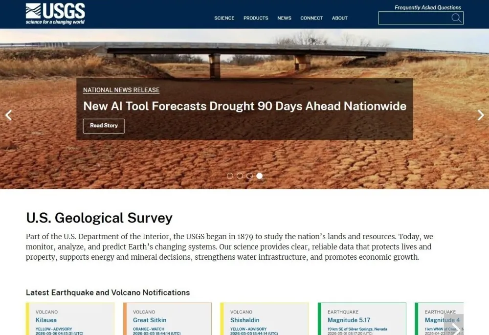 Homepage of the U.S. Geological Survey (USGS) website featuring a navigation menu, featured imagery, and links to scientific resources; supported by Nationwide IT Services (NIS) on a Drupal platform hosted on AWS.