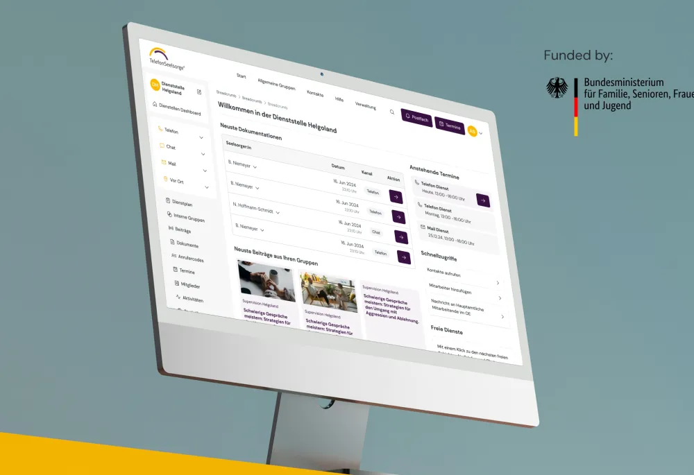 Laptop showing the website of the TelefonSeelsorge on the screen. In the bottom right corner it states "founded by