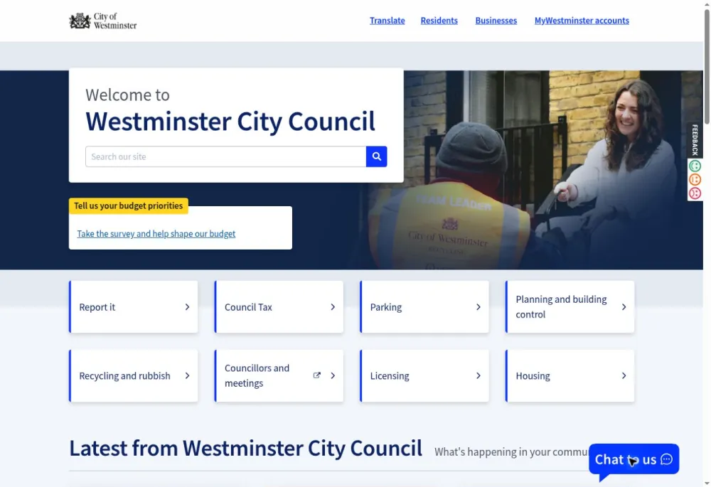 Westminster City Council homepage with search and links to council services