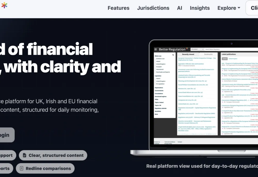 BetterRegulation.com homepage showing the subscription-based legal and regulatory compliance platform for UK and Ireland professionals.