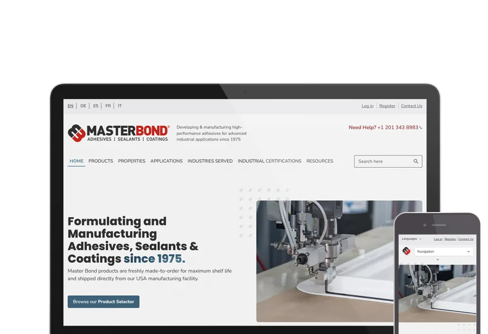 Laptop and smartphone displaying the MasterBond website, highlighting adhesives, sealants, and coatings for industrial applications.