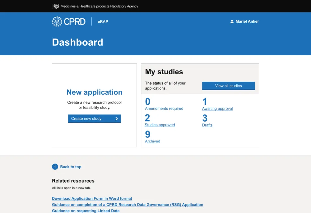 CPRD eRAP dashboard showing options to create a new research application and view study statuses, including drafts, approved and archived studies.