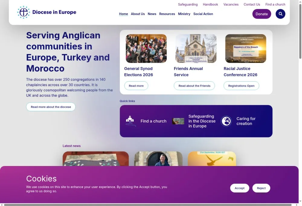 Diocese in Europe homepage, with featured stories and quick links to finding a church, safeguarding and caring for creation