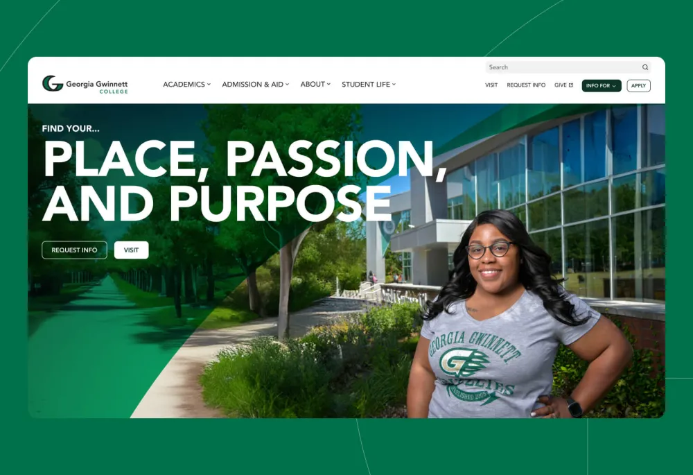 Georgia Gwinnett College homepage featuring a student standing on campus with the headline “Place, Passion, and Purpose”.