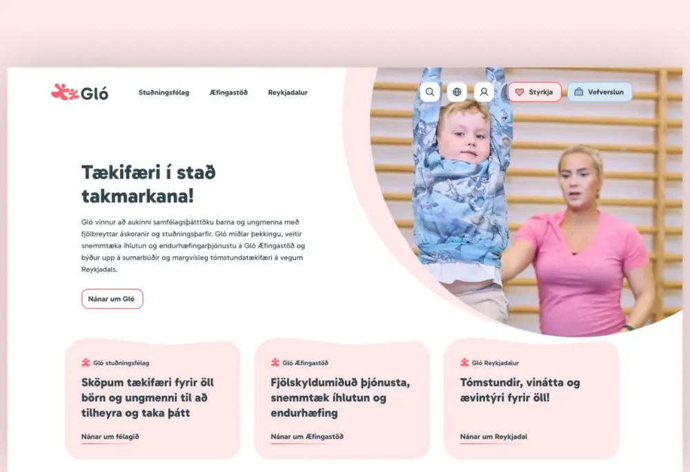 Screenshot of the main home page of the Gló website.