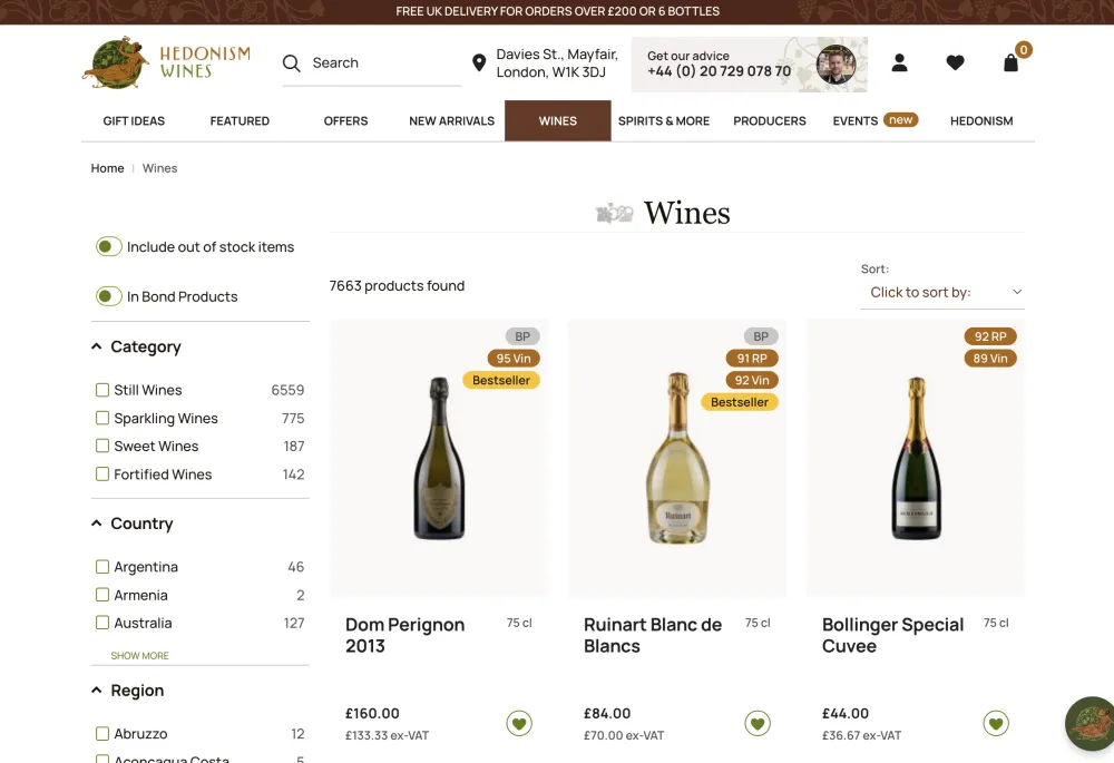 wines listed on the Hedonism website under wines 