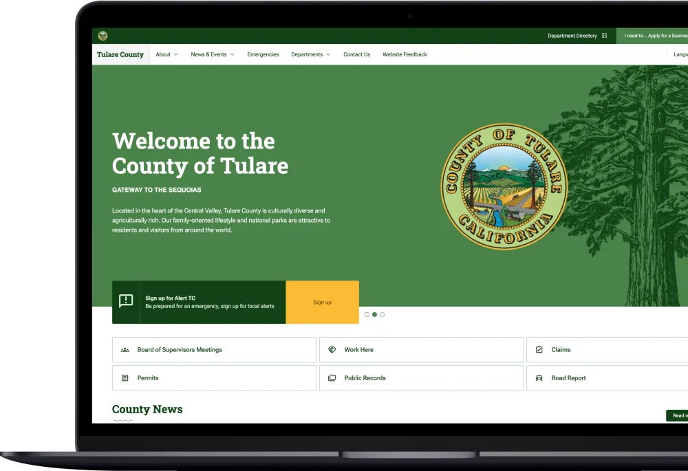Tulare County homepage on a laptop screen.