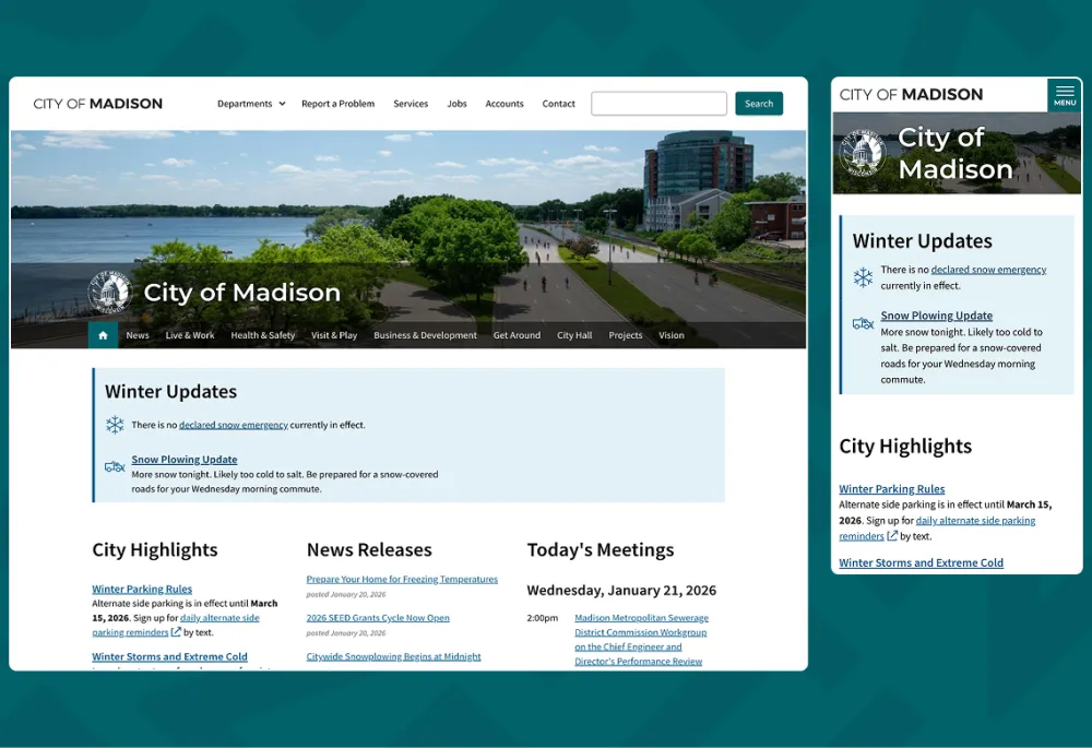 screenshot of the city website, resized and cropped for a desktop and mobile view