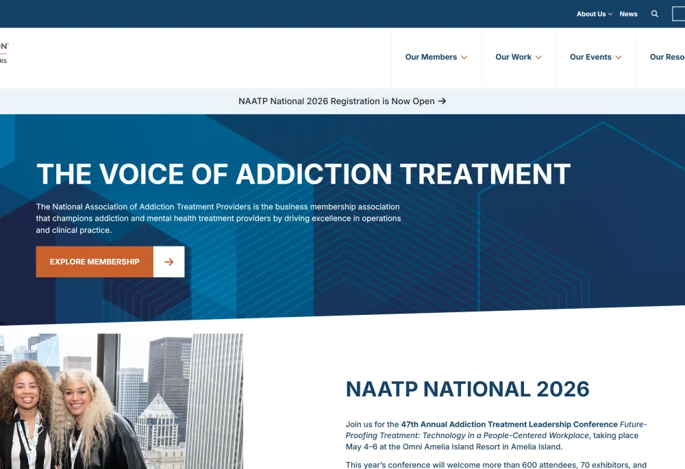 NAATP.org homepage with logo, blue banner and women smiling