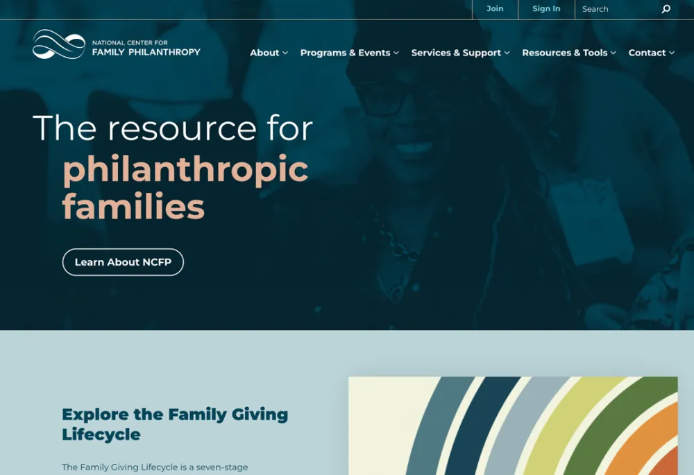 The homepage of the National Center for Family Philanthropy, featuring a tagline that says "The resource for philanthropic families."