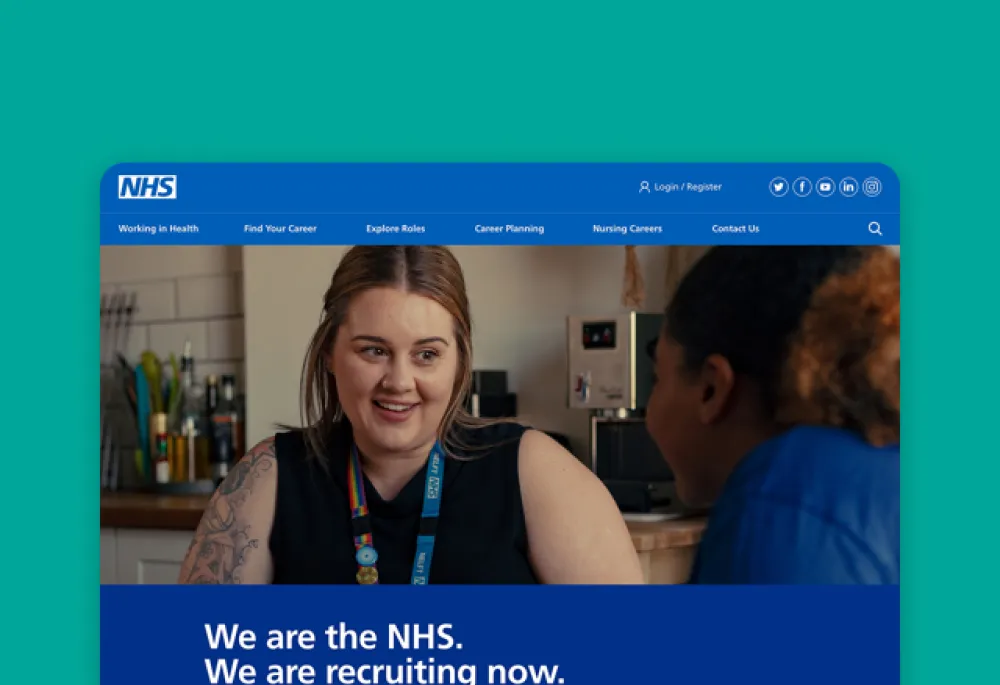 NHS Health Careers homepage banner showing two NHS staff members talking, with headline text “We are the NHS. We are recruiting now.”