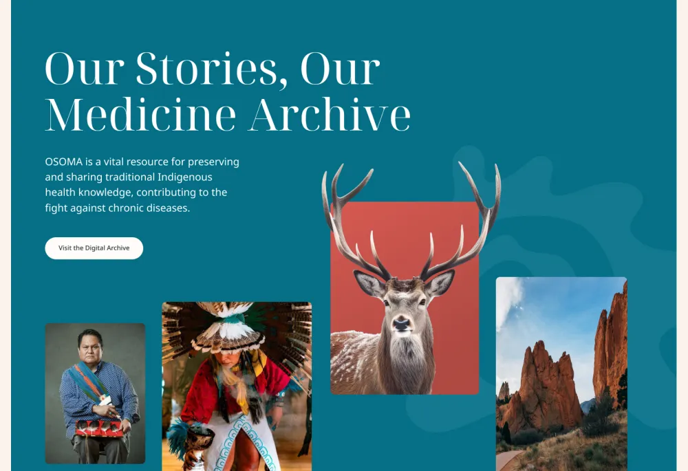 OSOMA homepage promoting a digital archive of Indigenous health knowledge with images of people, wildlife, and landscapes.”