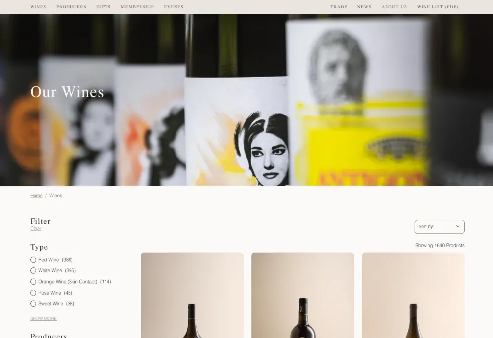 Homepage of the Dynamic Vines website with a list of wines displayed 