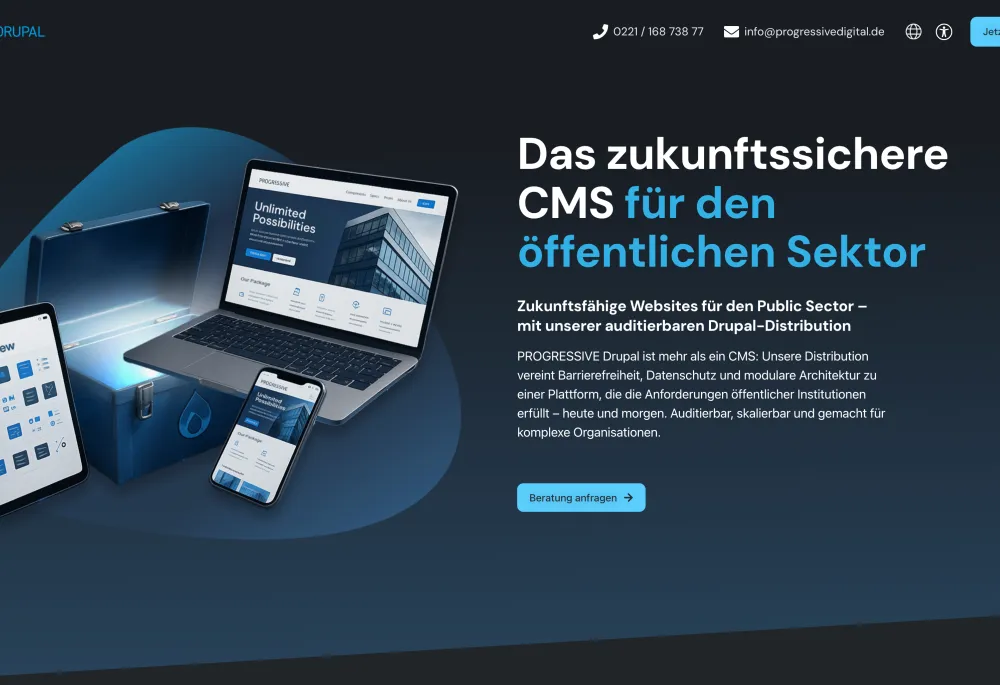 Screenshot of the PROGRESSIVE Drupal Distribution homepage on progressivedrupal.de, showing the hero section with the tagline Das zukunftssichere CMS fuer den oeffentlichen Sektor and key feature highlights for accessibility, data protection, and editorial governance.