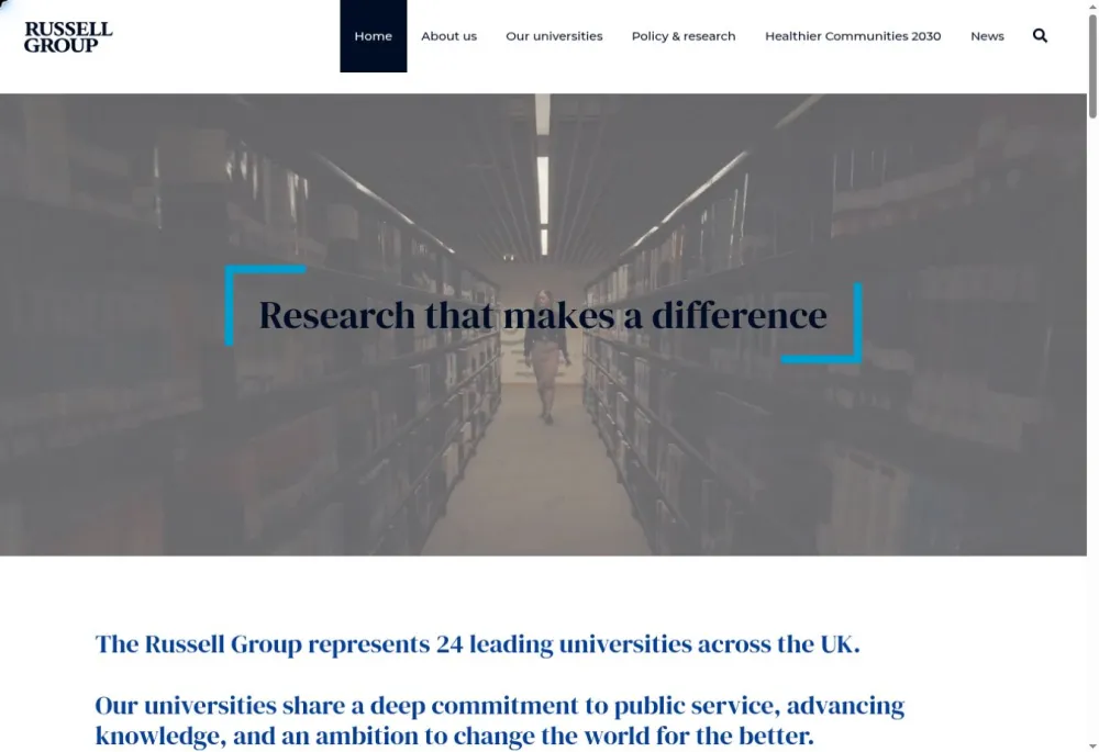 Russell Group homepage with the headline “Research that makes a difference”, a library scene and navigation to universities, policy and news