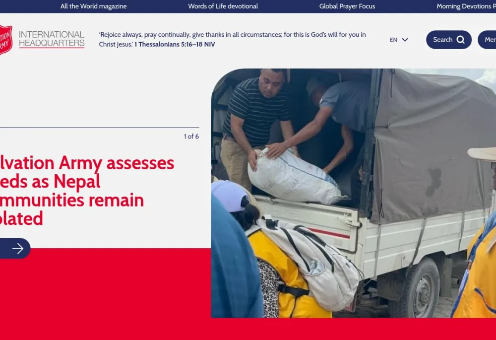 Salvation Army International Headquarters homepage, with the organisation’s branding and a featured international news story