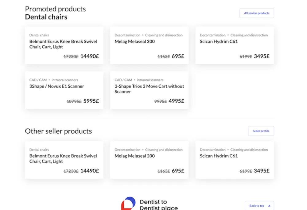 D2D Place product listing showing promoted dental chairs and other seller products with category labels, product names, and discounted pricing in the Henry Schein B2B marketplace.