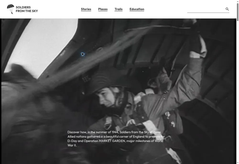 Soldiers from the Sky homepage with its parachute logo, main navigation and black-and-white airborne footage