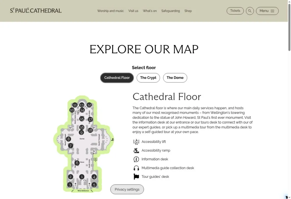 St Paul’s Cathedral’s interactive map, showing the Cathedral floor, numbered landmarks, floor selection and visitor facilities in the new brand design