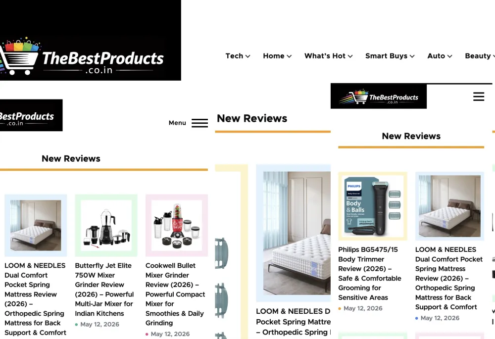 Homepage of TheBestProducts.co.in showing product reviews and buying guides powered by a Drupal 11 static publishing architecture.