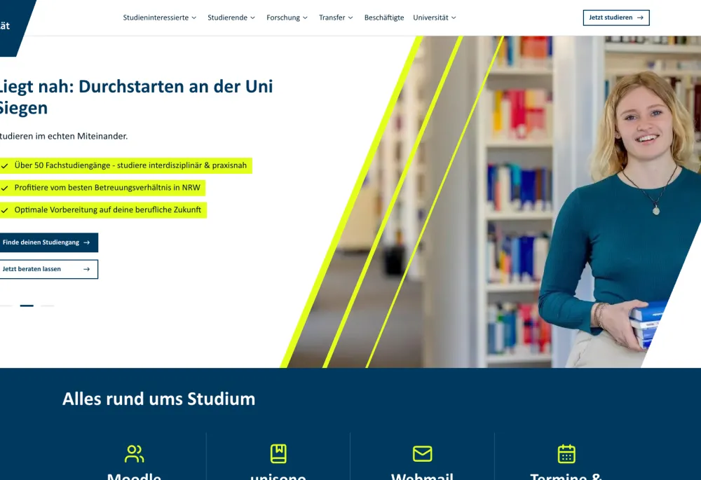 Screenshot of the University of Siegen Relaunch