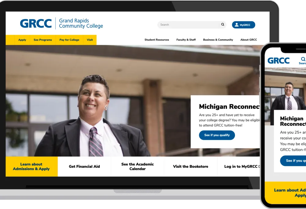The GRCC homepage in a desktop frame, accompanied by a mobile view
