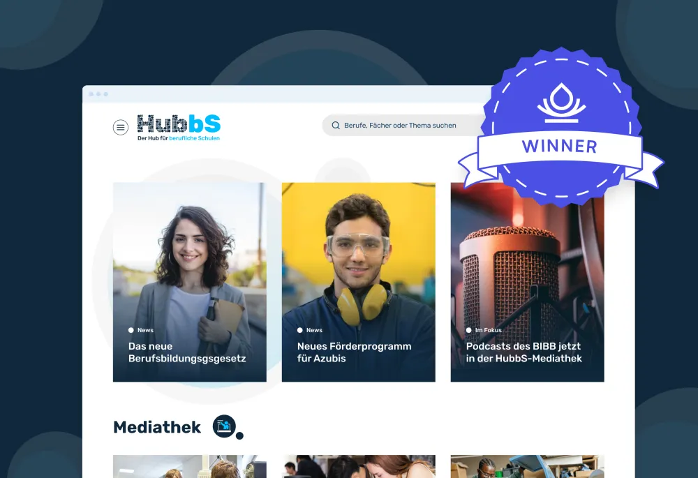 Preview of the top area of the HubbS Homepage. Plus the visual info that the website won drupal award.