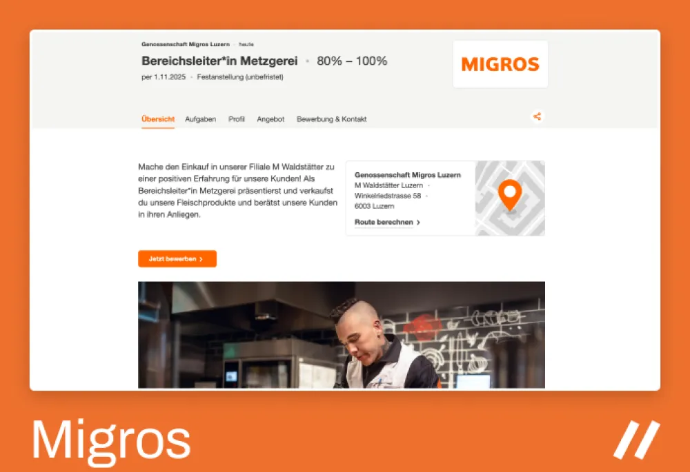 Screenshot of a Migros Luzern job posting for a "Bereichsleiter*in Metzgerei" (Department Manager in Butchery), 80%–100% workload, starting November 1, 2025. The page includes navigation tabs (Übersicht, Aufgaben, Profil, Angebot, Bewerbung & Kontakt). A short job description explains the role of managing and selling meat products while advising customers. 