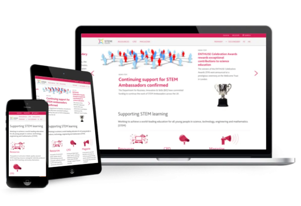 Stem homepage shown in desktop, tablet, and mobile