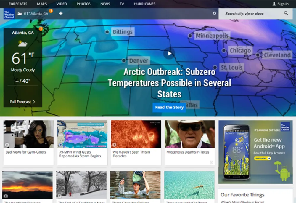 Screenshot of the Weather.com homepage