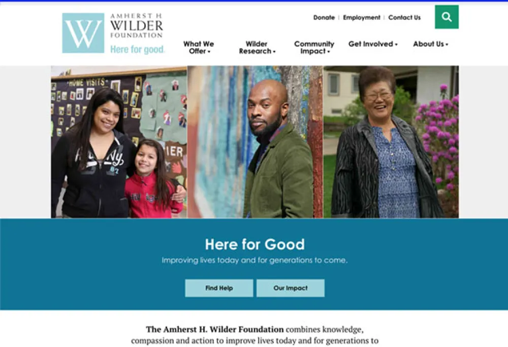 screenshot of the Wilder homepage, including menu and main banner only