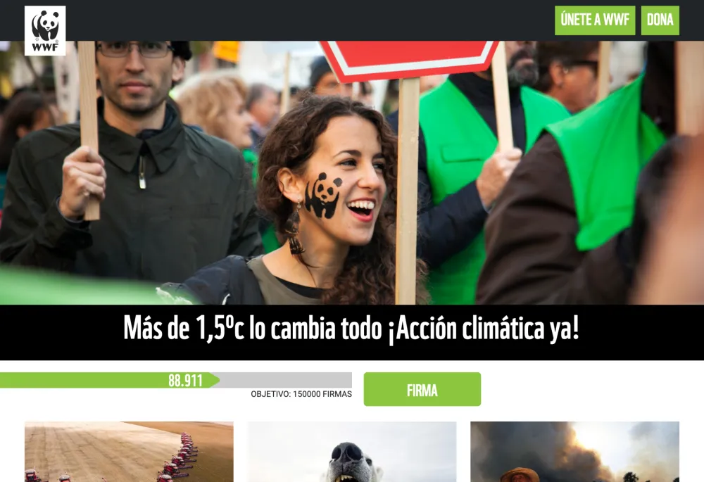 Screenshot of the WWF landing page Lucha por tu Naturaleza with different campaigns