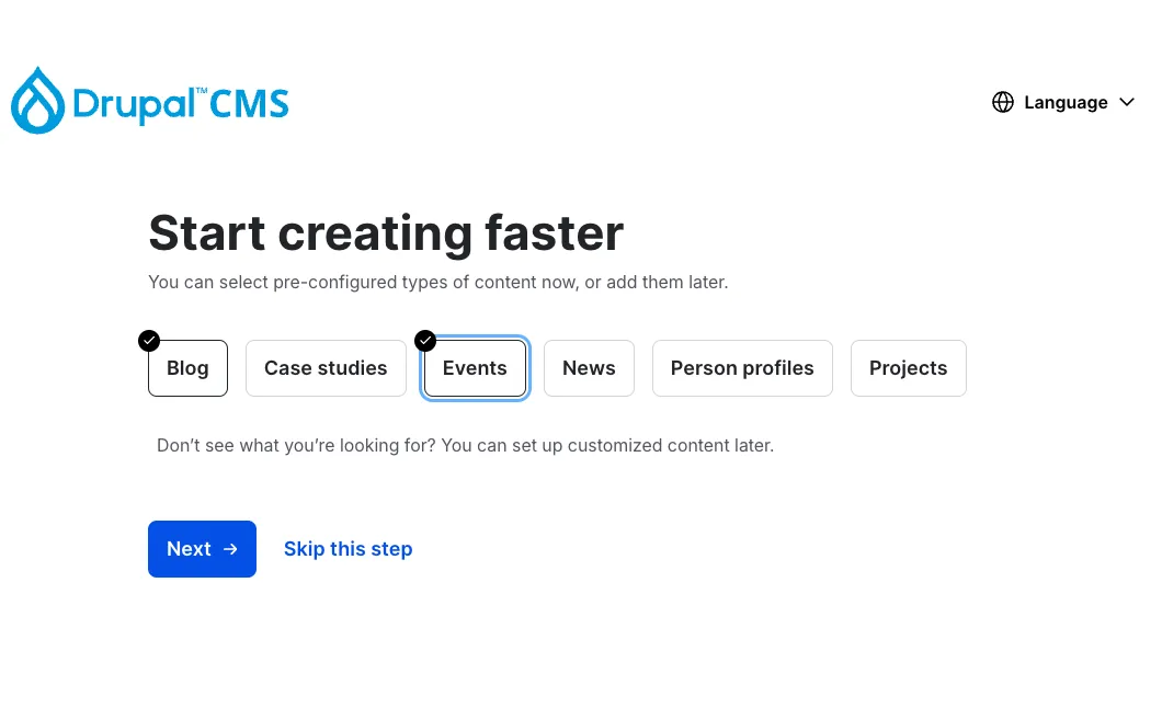 Interface for picking amongst the six pre-configured options in Drupal CMS setup process